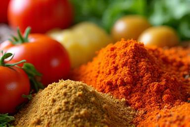 Close-up of fresh, colourful ingredients like vegetables and spices